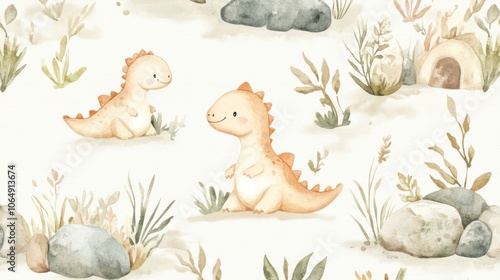 Fototapeta Naklejka Na Ścianę i Meble -  Cute Watercolor Dinosaurs
