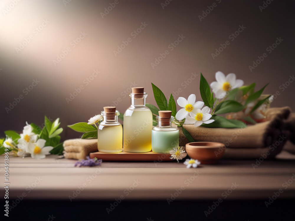 A spa treatment set with essential oils, a wooden tray, and fresh flowers. A spa treatment set with essential oils, a wooden tray, and fresh flowers.