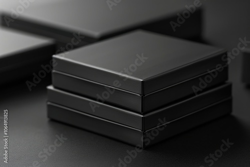 A stack of black boxes sitting on a table, perfect for use in illustrations or diagrams about technology, manufacturing, or logistics photo