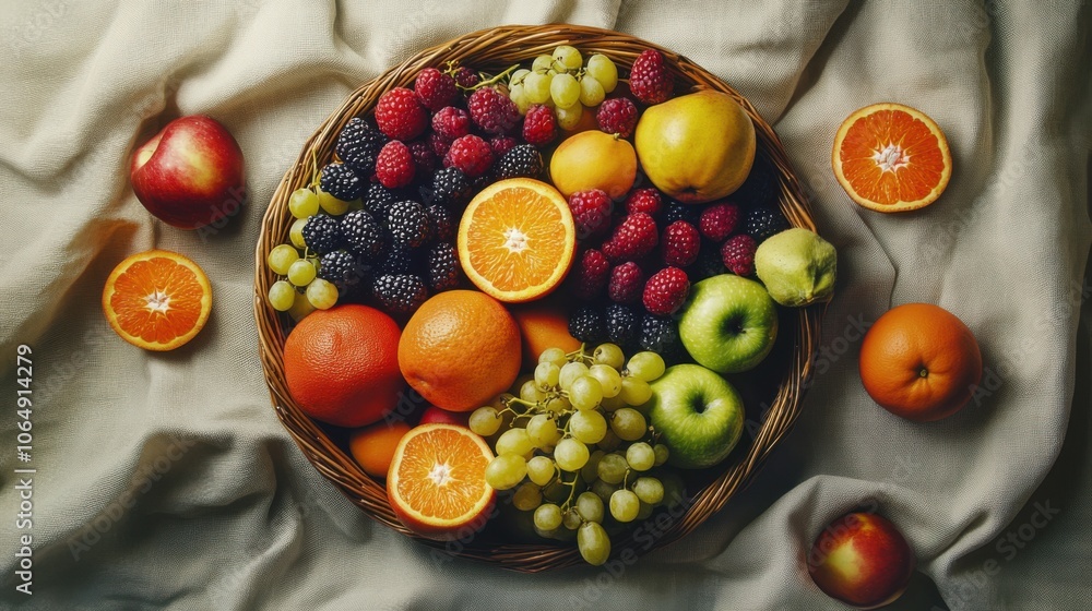 An overhead view of a beautifully arranged fruit basket, An overhead view of a beautifully arranged fruit basket,