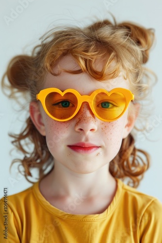 A young girl wearing heart-shaped glasses smiles at the camera