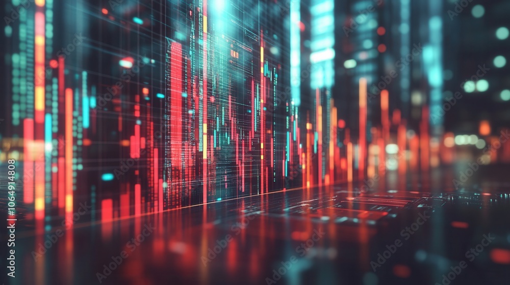 Fototapeta premium Vibrant digital data visualization with glowing bars and lines representing market trends and financial analytics in modern technology.
