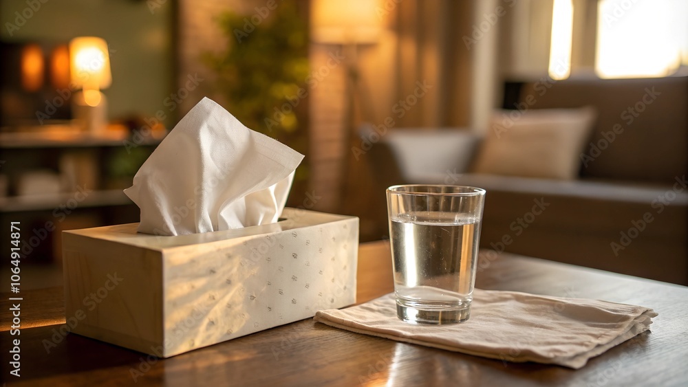 Tissues and Water on Table for Cold Relief Tissues and Water on Table for Cold Relief