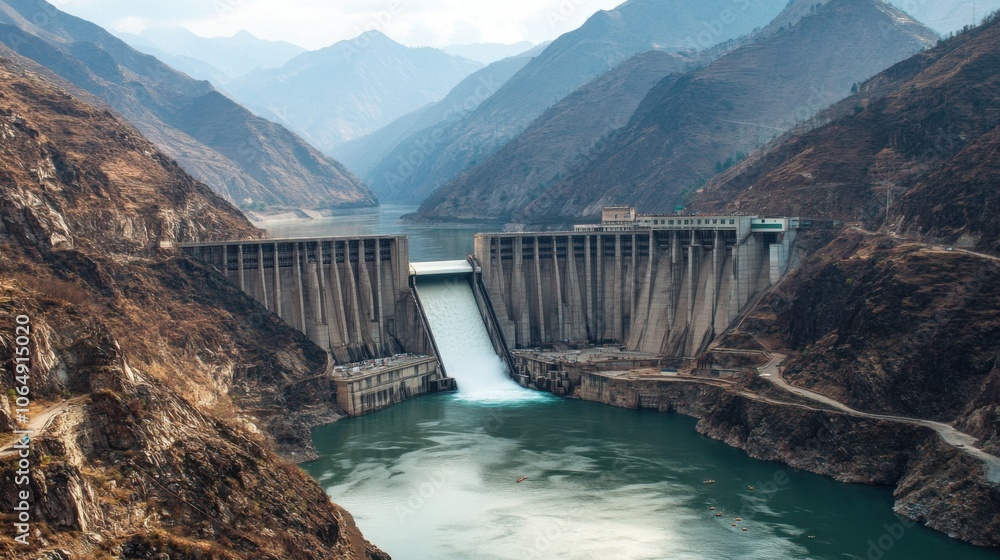 High-angle view of a hydroelectric dam nestled between High-angle view of a hydroelectric dam nestled between