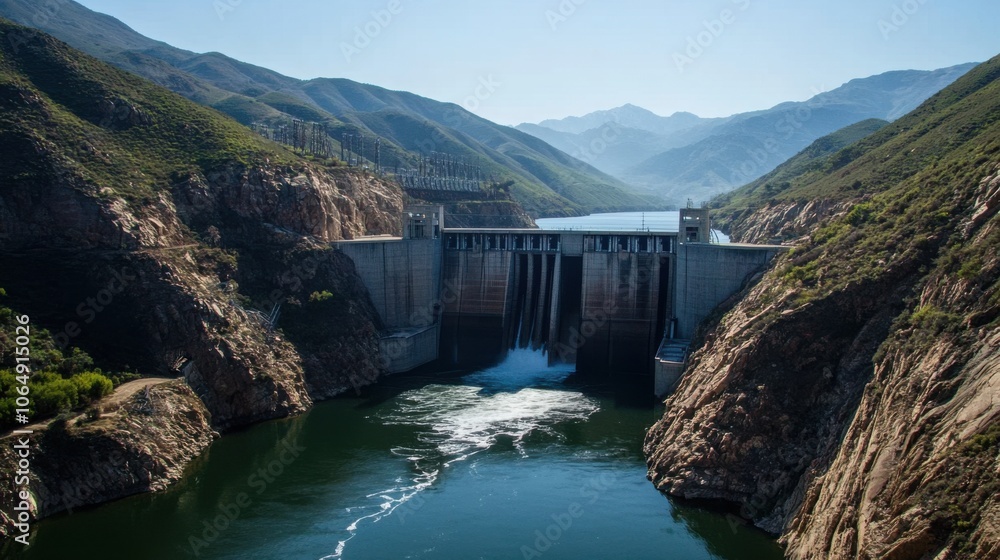 High-angle view of a hydroelectric dam nestled between High-angle view of a hydroelectric dam nestled between