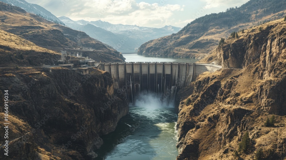 High-angle view of a hydroelectric dam nestled between High-angle view of a hydroelectric dam nestled between