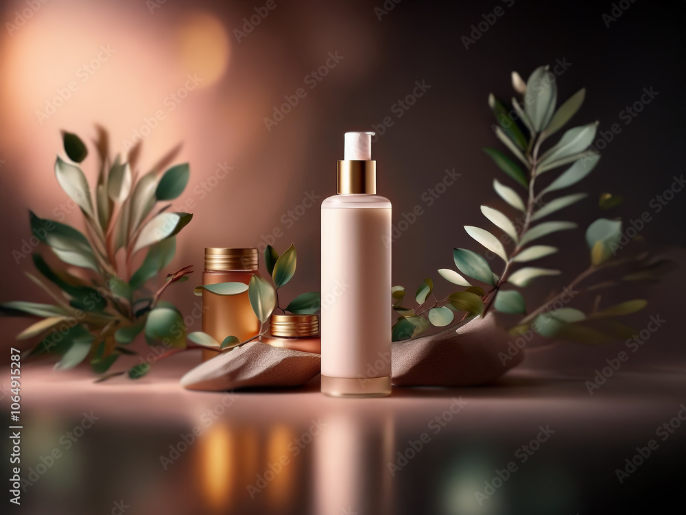 A white bottle of lotion with a gold cap sits on a stone platform with two small jars behind it. Greenery surrounds the bottles, and a warm light shines from behind. A white bottle of lotion with a gold cap sits on a stone platform with two small jars behind it. Greenery surrounds the bottles, and a warm light shines from behind.
