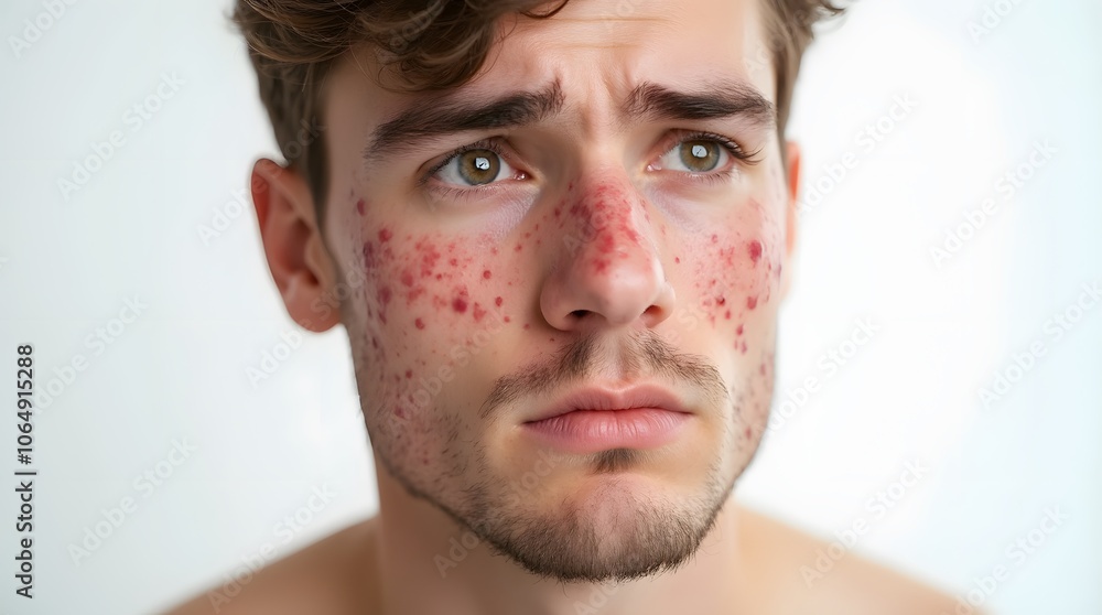Obraz premium Young Man with Acne on Face Isolated on White Background
