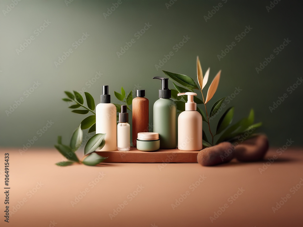 A collection of beauty products arranged on a wooden surface with leafy green branches. A collection of beauty products arranged on a wooden surface with leafy green branches.
