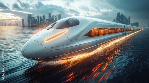 Futuristic high-speed train racing through the night with glowing digital lights and motion blur Generative AI