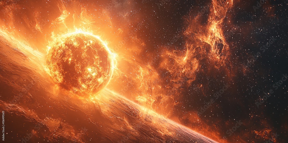 Fiery sun erupting in space with cosmic flames and stars Generative AI Fiery sun erupting in space with cosmic flames and stars Generative AI