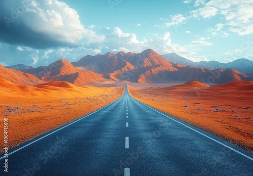 Open road leading toward distant mountains under a clear blue sky in a desert landscape Generative AI