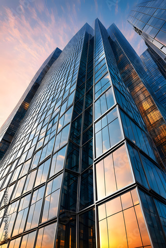 Skyscraper reflecting sunset background. 3d abstract architecture design of modern contemporary luxury building converging glass and steel. Perspective view landscape. Hi-tech sustainable architect