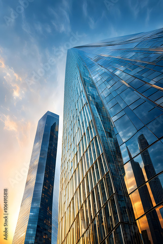 Skyscraper reflecting sunset background. 3d abstract architecture design of modern contemporary luxury building converging glass and steel. Perspective view landscape. Hi-tech sustainable architect