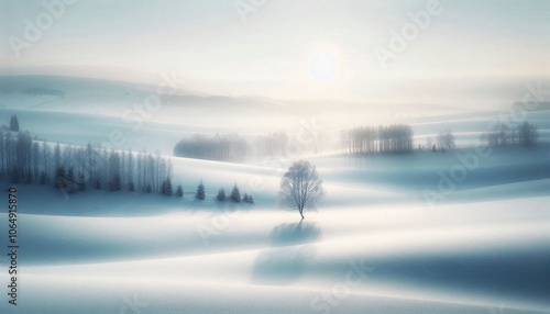 Wallpaper Mural Snowy landscape with solitary tree and soft mist over snow-covered hills Torontodigital.ca