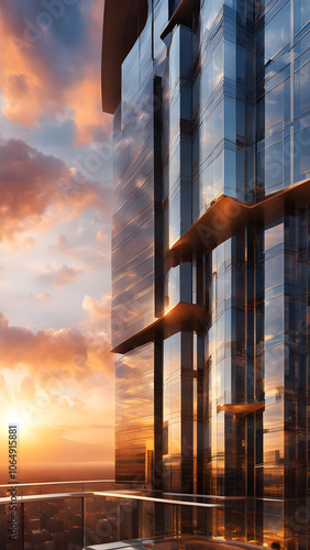 Skyscraper reflecting sunset background. 3d abstract architecture design of modern contemporary luxury building converging glass and steel. Perspective view landscape. Hi-tech sustainable architect