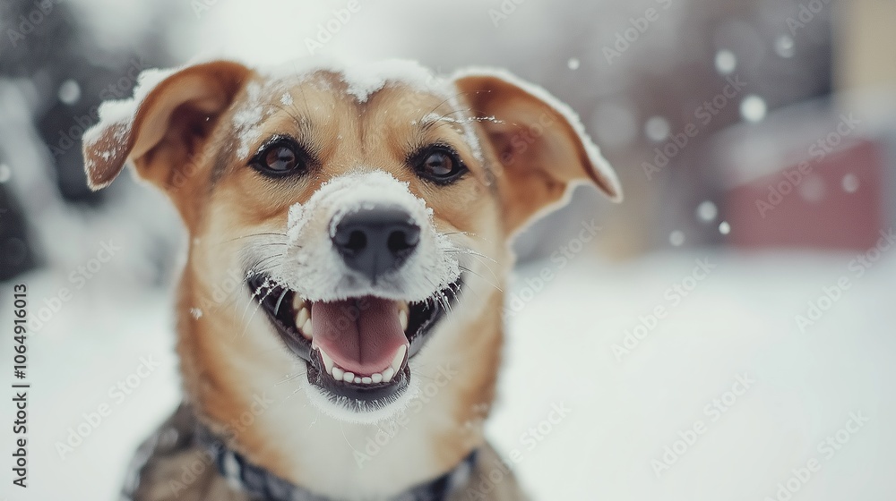 Happy dog playing in snow in winter. Happy dog is enjoying great outdoors after snow storm. Happy dog playing in snow in winter. Happy dog is enjoying great outdoors after snow storm.