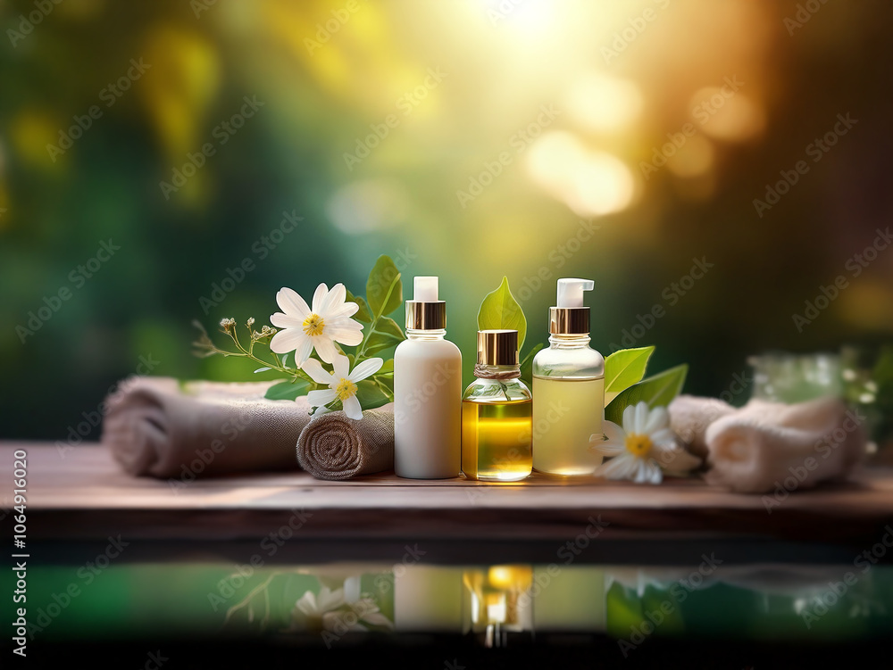 Three bottles of essential oil and spa products, surrounded by white flowers and towels, sit on a wooden surface. Three bottles of essential oil and spa products, surrounded by white flowers and towels, sit on a wooden surface.