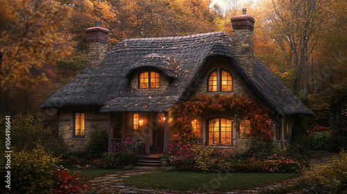 A lovely cottage with a thatched roof and a warm glow from the windows for Thanksgiving. photo