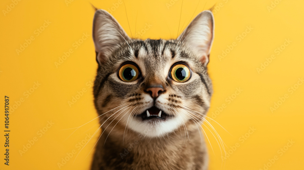 Close-up of a surprised tabby cat with wide eyes and open mouth against a bright yellow background. Close-up of a surprised tabby cat with wide eyes and open mouth against a bright yellow background.