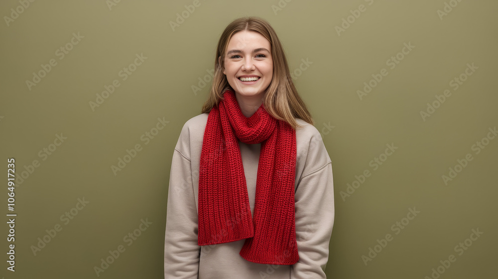 Smiling young woman, with long brown hair, wearing a cozy light sweater and a vibrant red scarf, exuding warmth and happiness against a muted green background.