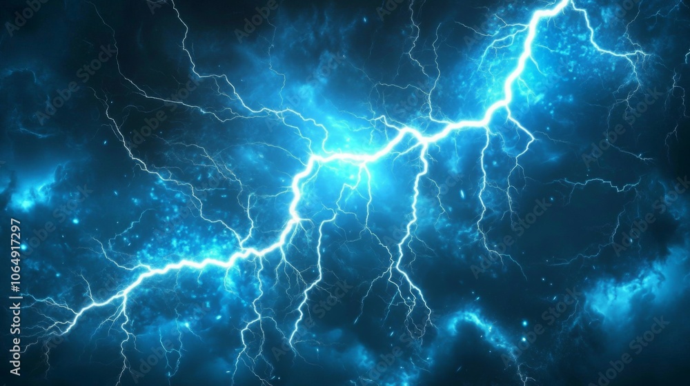 Lightning, electric thunderbolt strike of blue colour during night storm, impact, crack, magical energy flash. Thunderstorm flash on black background Lightning, electric thunderbolt strike of blue colour during night storm, impact, crack, magical energy flash. Thunderstorm flash on black background