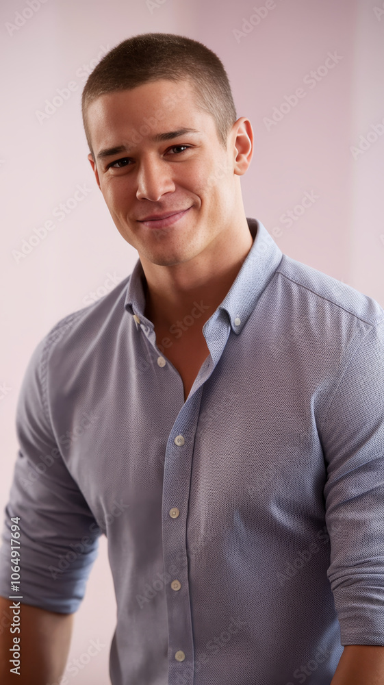 Smiling young Caucasian man in a light blue shirt against a soft, pastel background, exuding confidence and approachability. Perfect for lifestyle and portrait photography. Smiling young Caucasian man in a light blue shirt against a soft, pastel background, exuding confidence and approachability. Perfect for lifestyle and portrait photography.