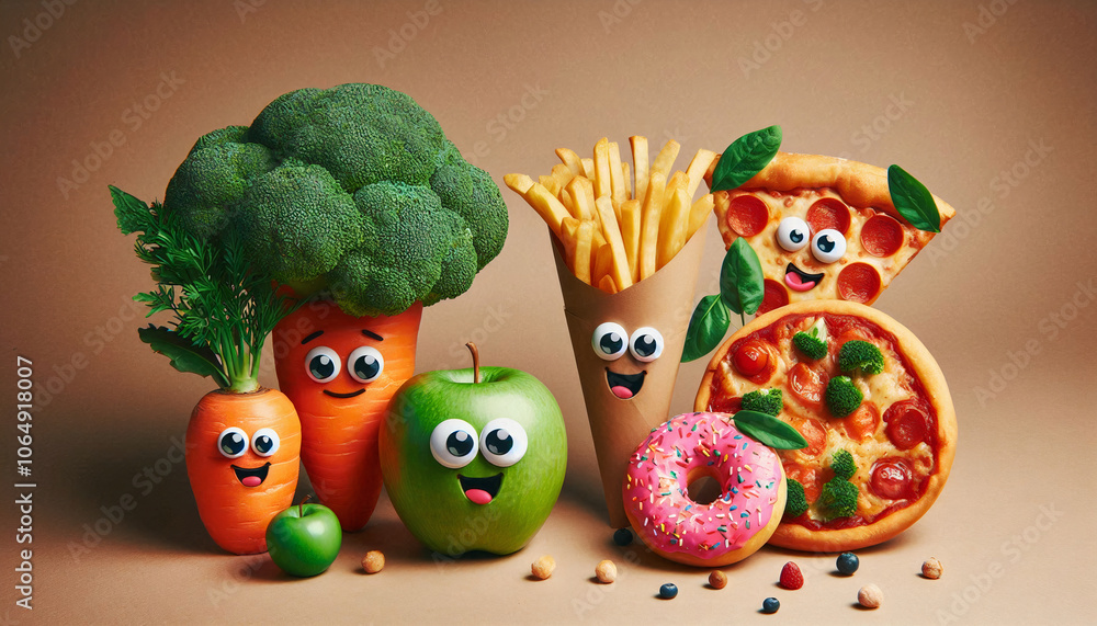 Cute cartoon-style foods with smiling faces including vegetables, pizza, fries, and donuts