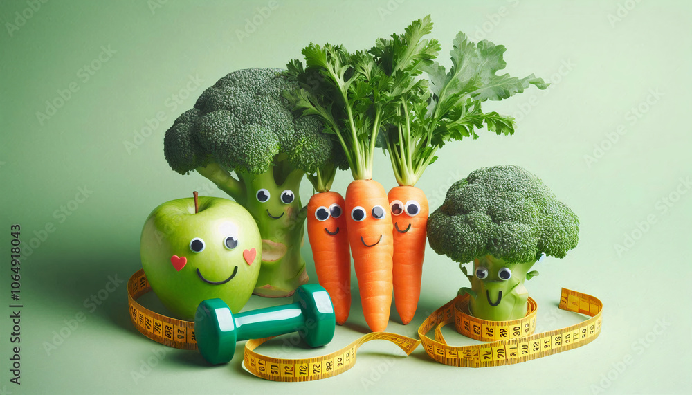 Cute fitness-themed fruits and vegetables with measuring tape and dumbbell