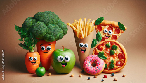 Obraz na płótnie Cute cartoon-style foods with smiling faces including vegetables, pizza, fries, and donuts w salonie