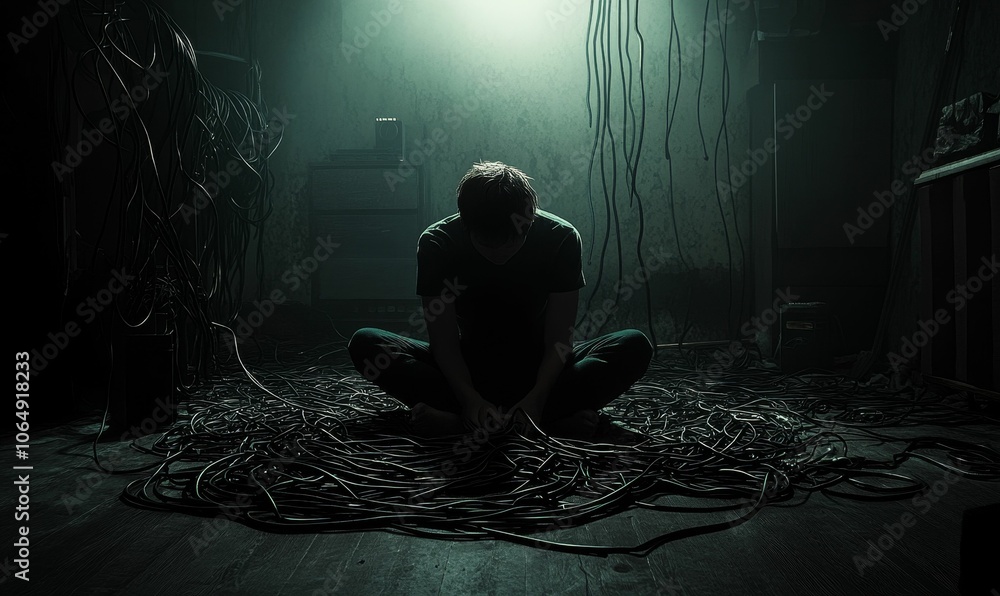 Man sits alone in a room full of cords. Man sits alone in a room full of cords.