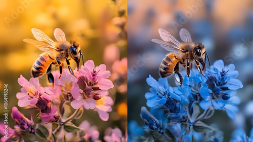 A bee pollinates a pink flower, while a blue flower is shown with altered colors.