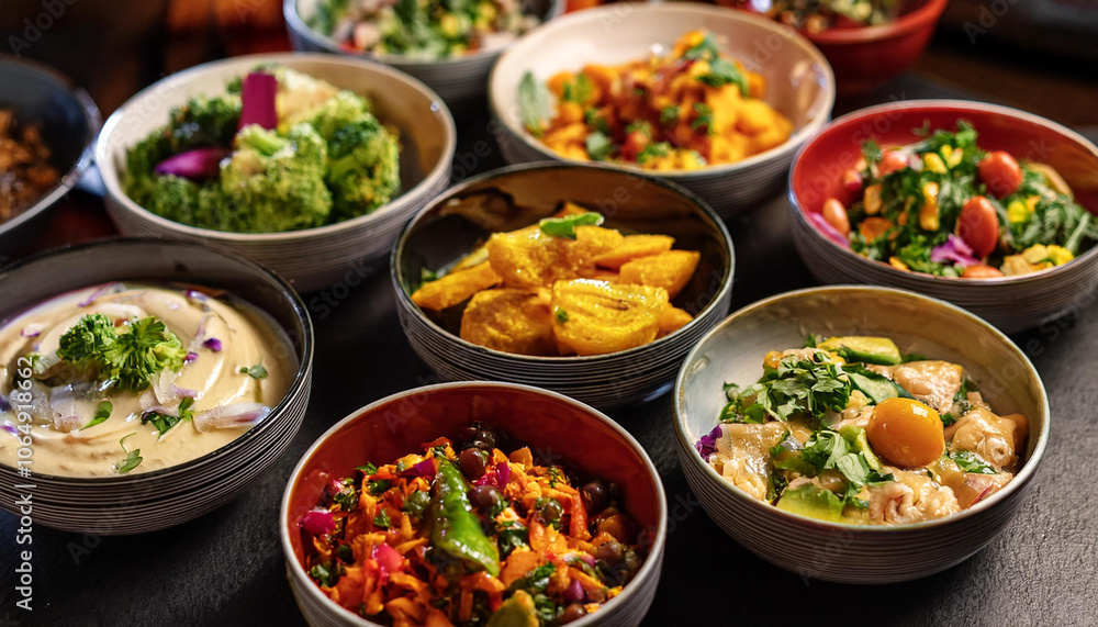 Delicious Array of Colorful Dishes on a Table Delicious Array of Colorful Dishes on a Table