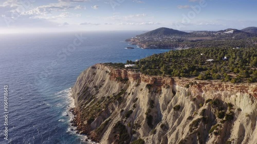 Ibiza Coastline and Cliffside Close-Up Flyover over Blue Waters and Mediterranean Landscape on a Sunny Day with Blue Skies – Drone Dolly In