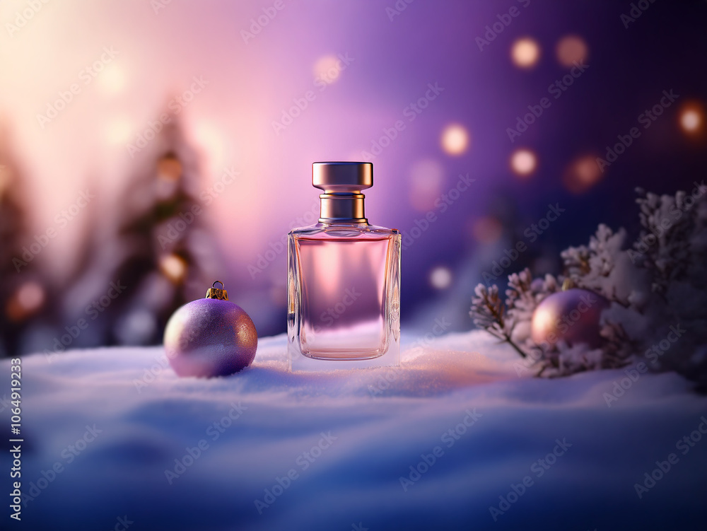 A perfume bottle sits in a snowy landscape with festive ornaments. A perfume bottle sits in a snowy landscape with festive ornaments.