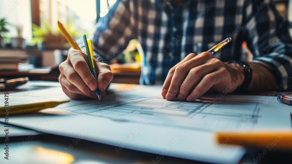 A person sketching architectural plans with pencils and pens on a desk filled with stationery. A person sketching architectural plans with pencils and pens on a desk filled with stationery.
