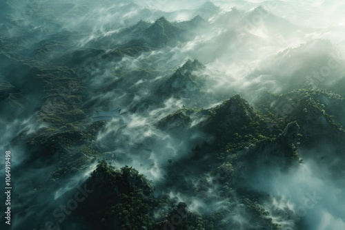 Aerial view of mountains shrouded in mist, great for use in adventure or nature scenes