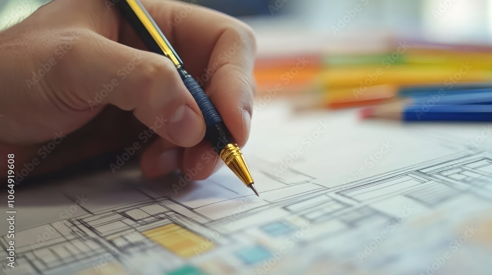 A hand holding a pen sketches architectural plans, surrounded by colored pencils. A hand holding a pen sketches architectural plans, surrounded by colored pencils.