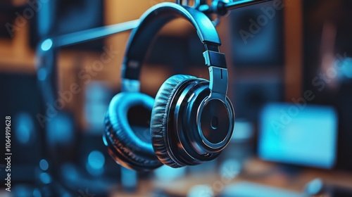 A low-angle view of headphones hanging on a stand, showing the headband and earcup details, with a blurred background of a desk setting. photo