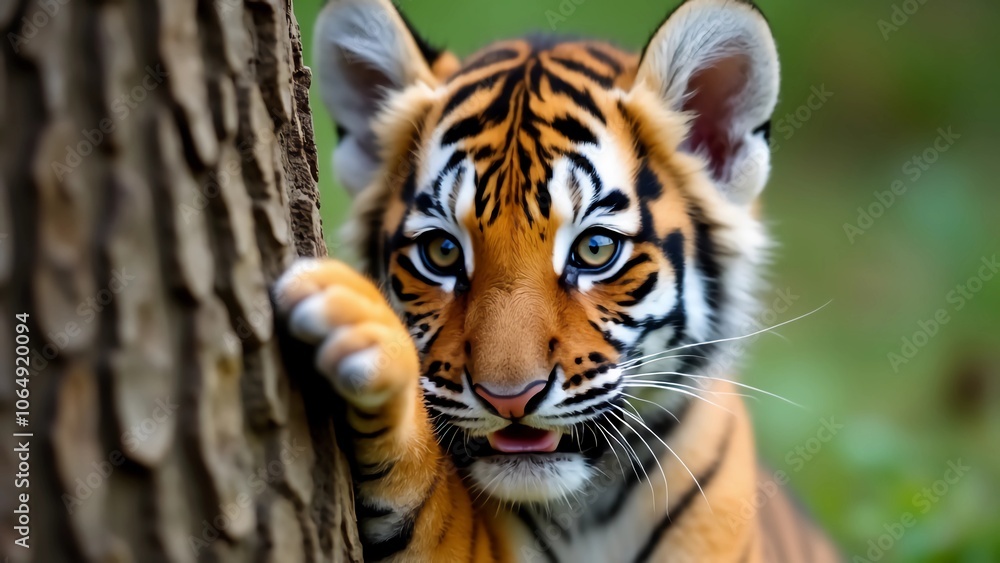 Obraz premium A close-up of a playful tiger cub, featuring its adorable face with expressive eyes and soft, fluffy fur
