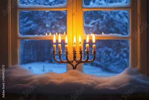 Menorah in Snowy Window: A cozy winter scene with a menorah placed in a snow-covered windowsill, all candles lit and glowing warmly against the cold, snowy landscape outside.Menorah in Snowy Window: A photo