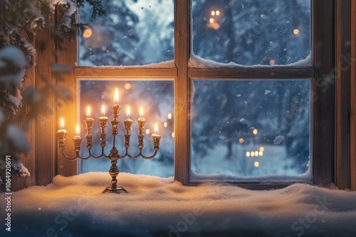 Menorah in Snowy Window: A cozy winter scene with a menorah placed in a snow-covered windowsill, all candles lit and glowing warmly against the cold, snowy landscape outside.Menorah in Snowy Window: A photo