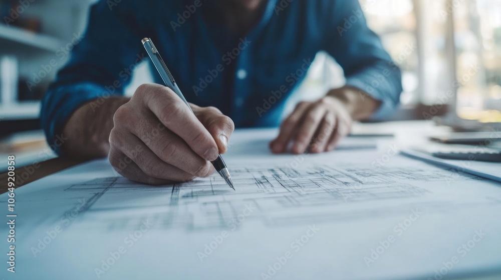 A person drawing architectural plans on paper with a pencil. A person drawing architectural plans on paper with a pencil.