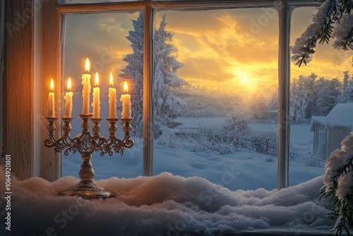 Menorah in Snowy Window: A cozy winter scene with a menorah placed in a snow-covered windowsill, all candles lit and glowing warmly against the cold, snowy landscape outside.Menorah in Snowy Window: A photo