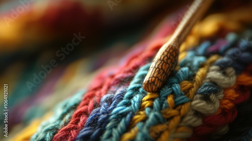 A close-up shot of the crochet hook's tip, highlighting the shape and material, with the yarn softly blurred behind. photo