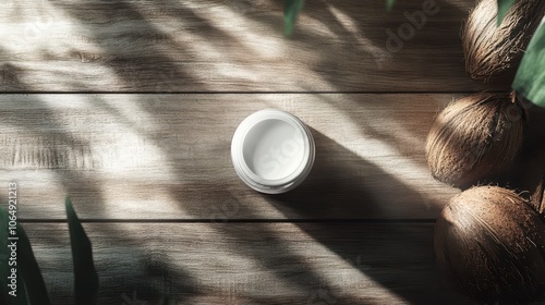 A plain jar of coconut oil sits on a textured wooden board surrounded by coconuts and shadows photo