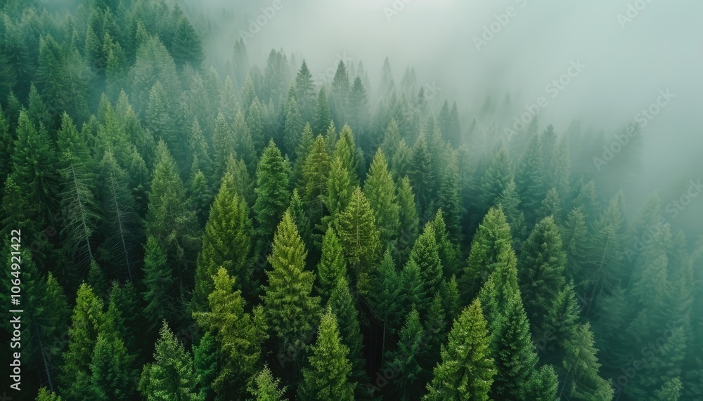 Fototapeta premium Aerial View of a Foggy Coniferous Forest