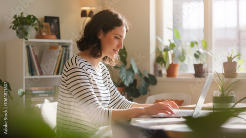 Young woman working from home using laptop in living room