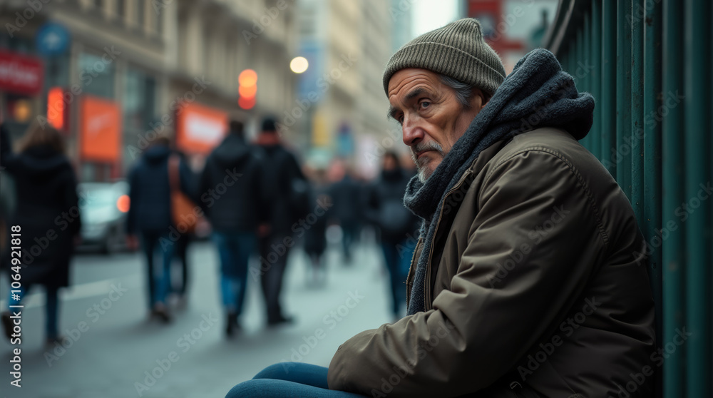 Homeless senior man sitting on sidewalk in busy city center Homeless senior man sitting on sidewalk in busy city center