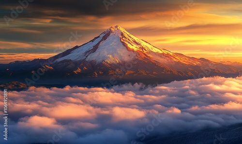 A majestic mountain peak piercing through a thick blanket of clouds during the golden hour of sunset.